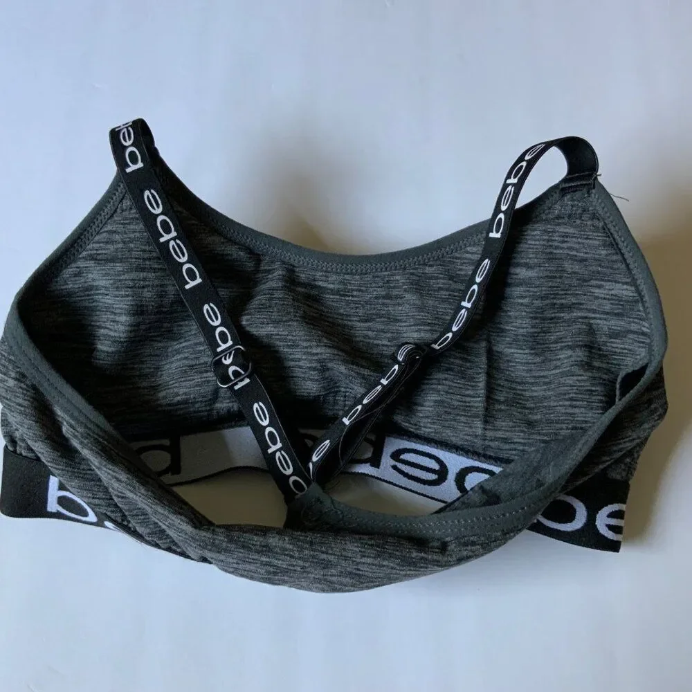 bebe Heathered Grey Black Logo Racerback Sports Bra Size Small